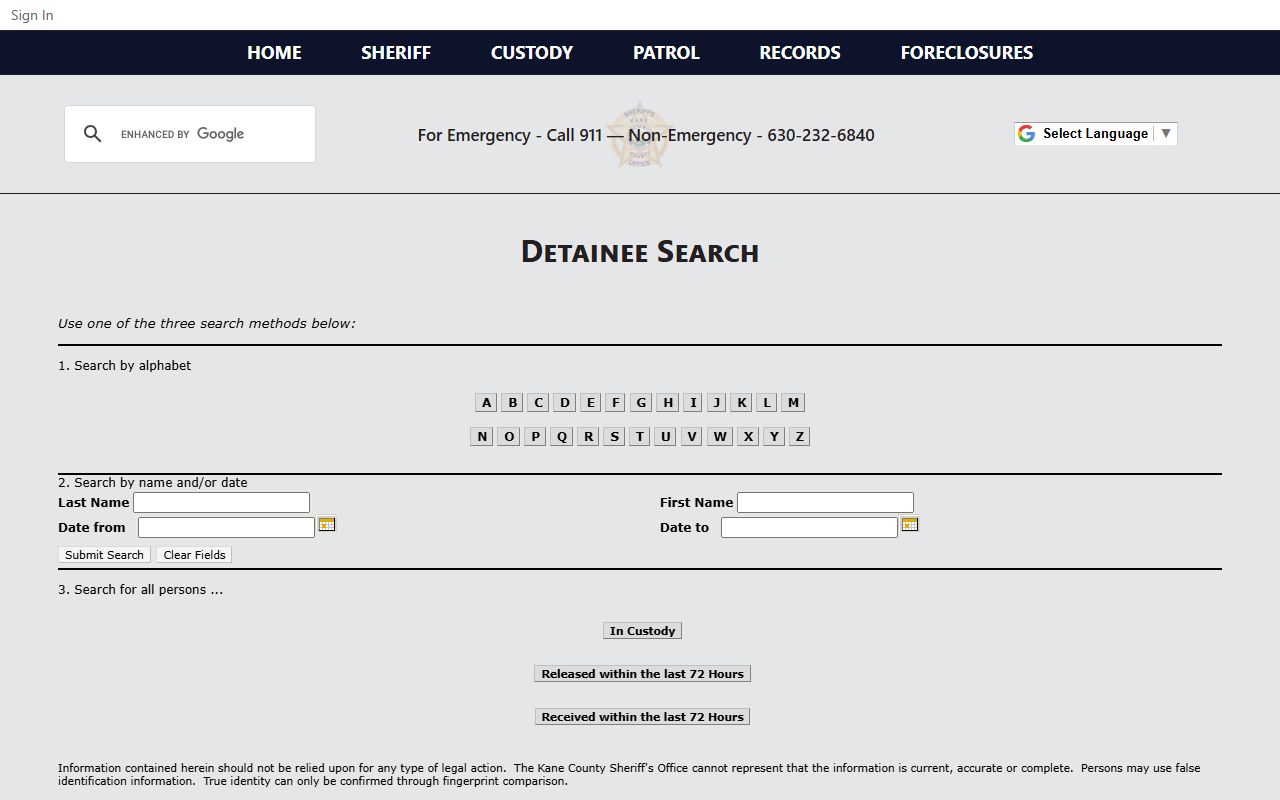 Aurora inmate population detainee search via Kane County Sheriff