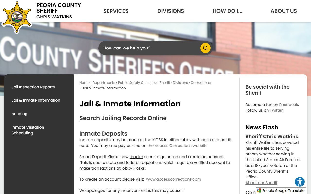 Peoria inmate population search via Peoria County jail information page