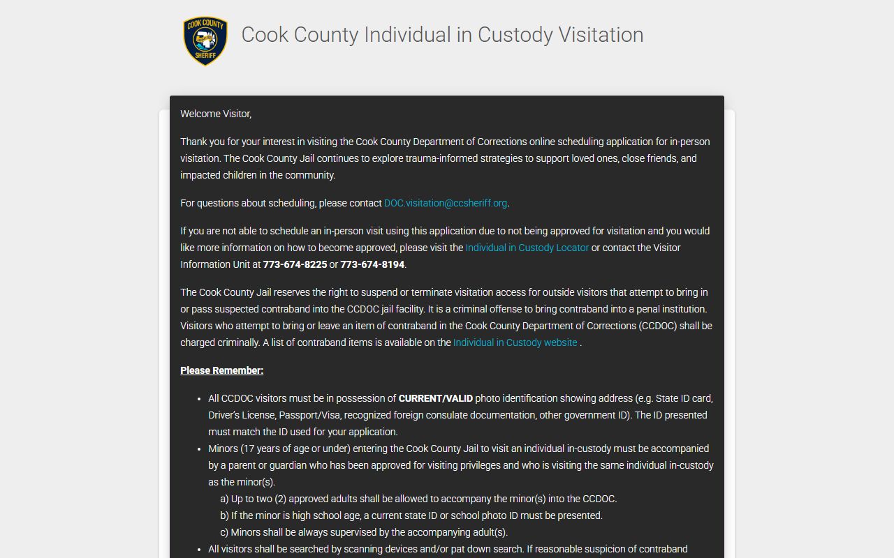 Cook County jail visitation scheduling for inmate population