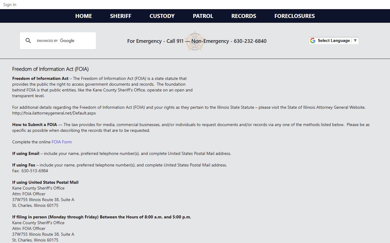 Kane County Sheriff FOIA page for inmate population records