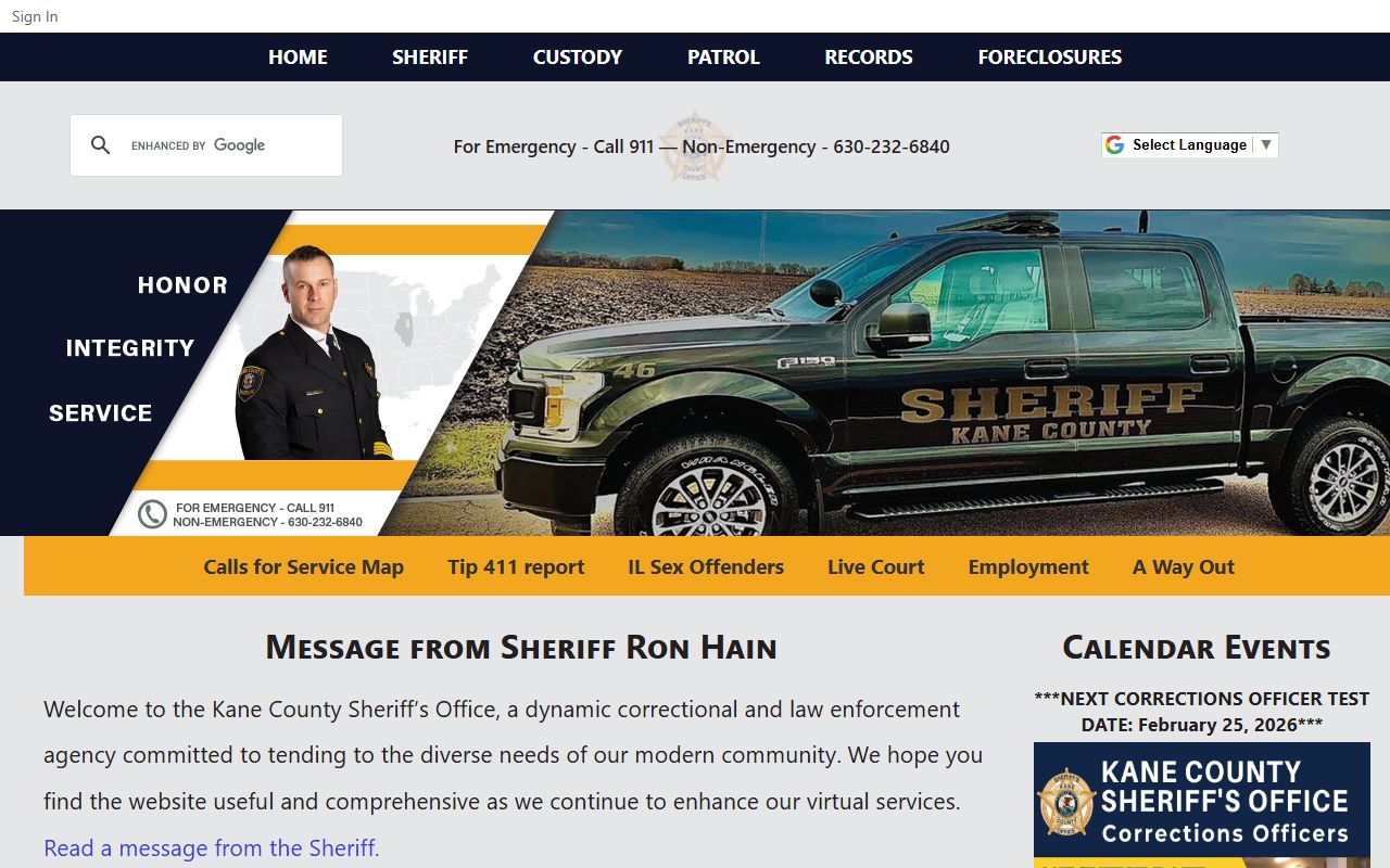 Kane County Sheriff homepage for inmate population resources
