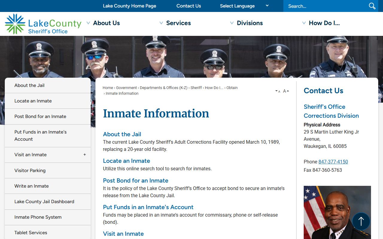 Lake County inmate information page for inmate population data