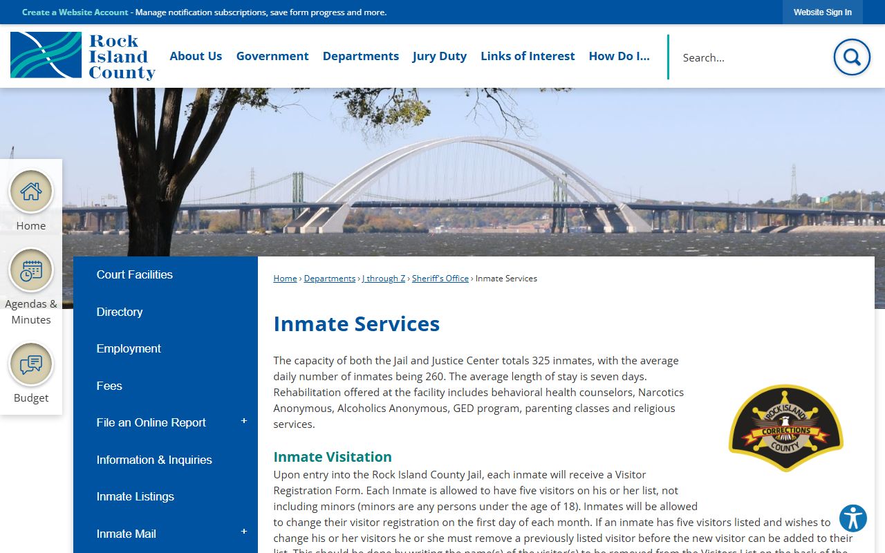 Rock Island County inmate services page for inmate population records