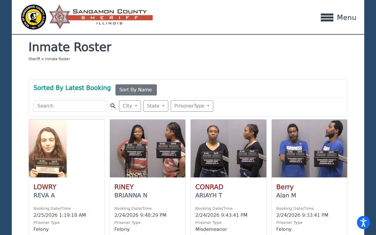 Sangamon County inmate roster showing current inmate population