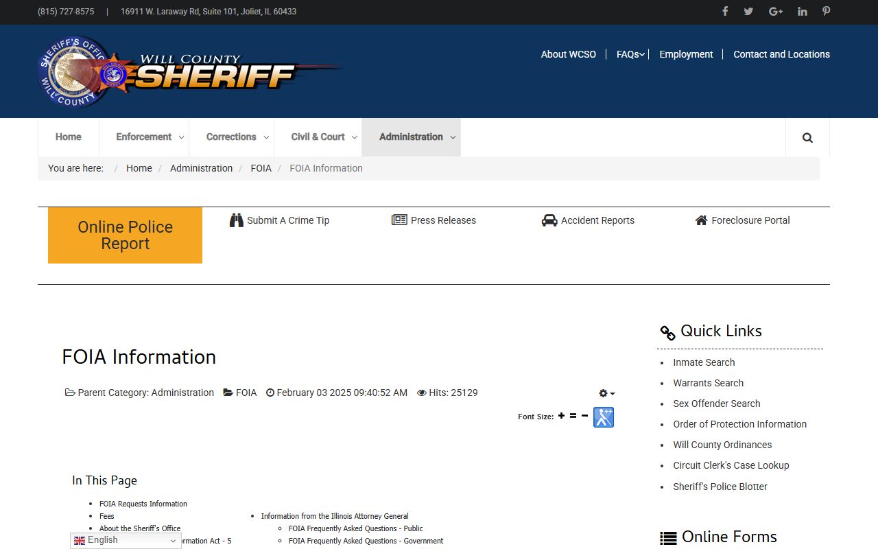 Will County FOIA information page for inmate population data