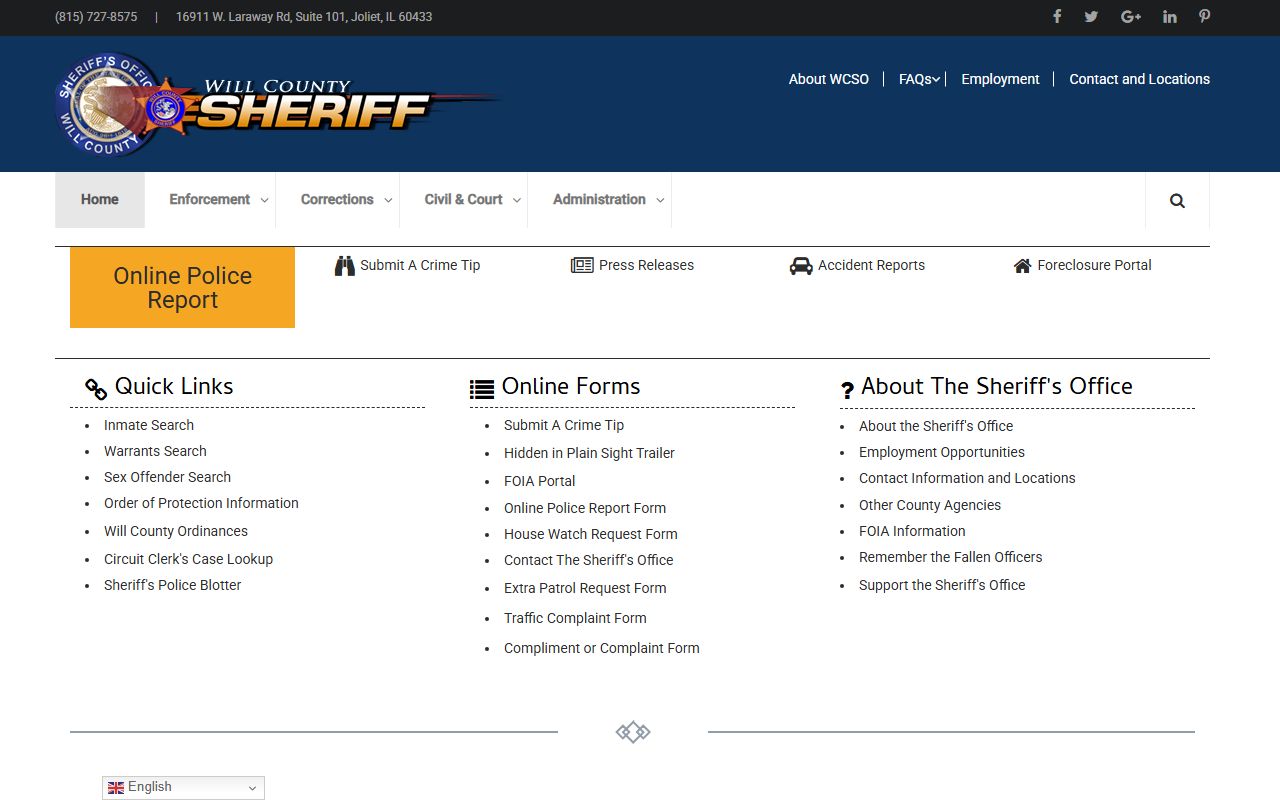 Will County Sheriff homepage for inmate population resources