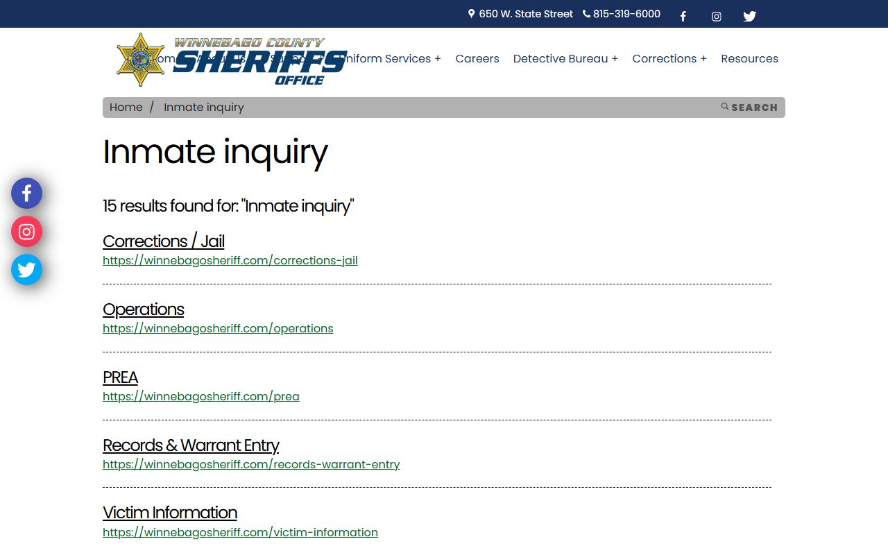Winnebago County inmate population inquiry search tool
