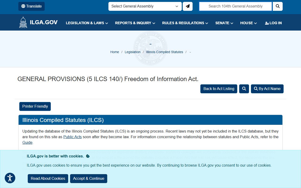 Illinois FOIA statute 5 ILCS 140 for inmate population records access