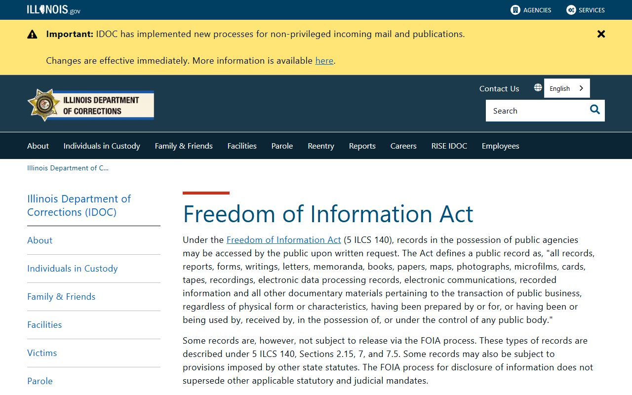 Illinois IDOC FOIA page for inmate population records requests