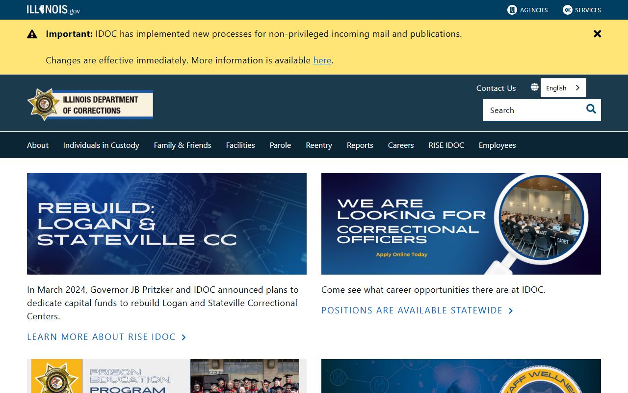 Illinois Department of Corrections homepage for inmate population search